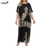 Prairie Chic bronzing Geometric Printing Loose Summer Plus Size Women's Clothing Round Neck 3/4 Sleeve Women's Long Dresses