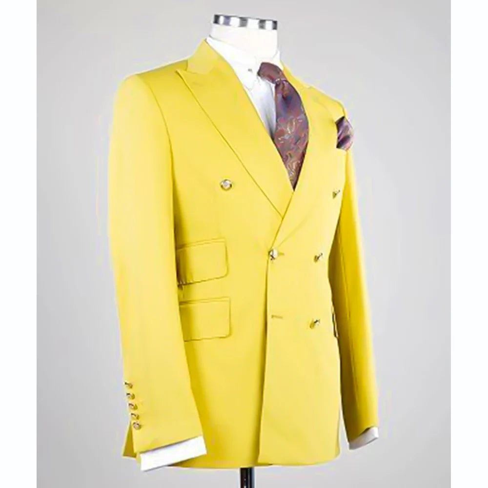 Luxury Men's Suit Blazer Yellow Regular Lenght Peak Lapel Hight Street Chic 2 Piece Jacket Pants Set Business Smart Casual Terno