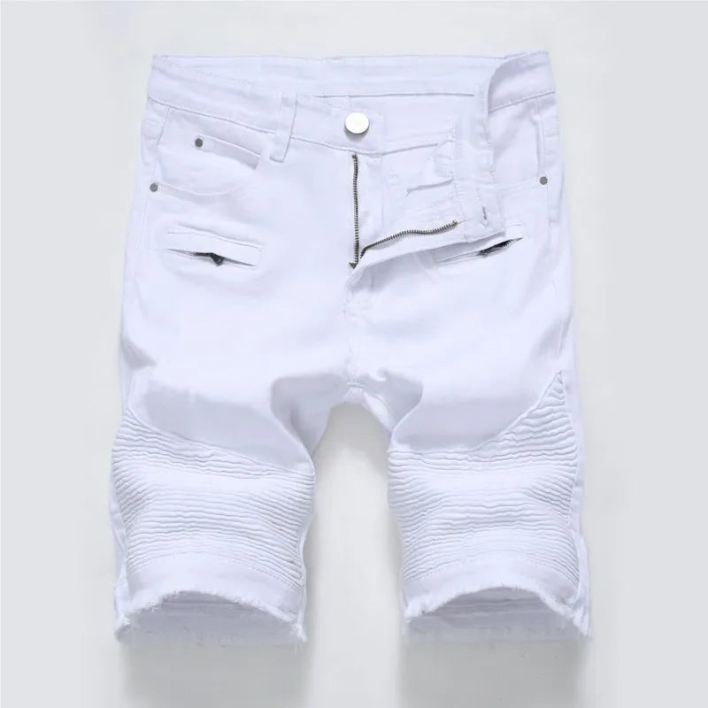 Summer New Mens Denim Shorts High Street Zipper Elastic Trend Personality Pleated Slim Ripped Short Jeans White Red Black Male