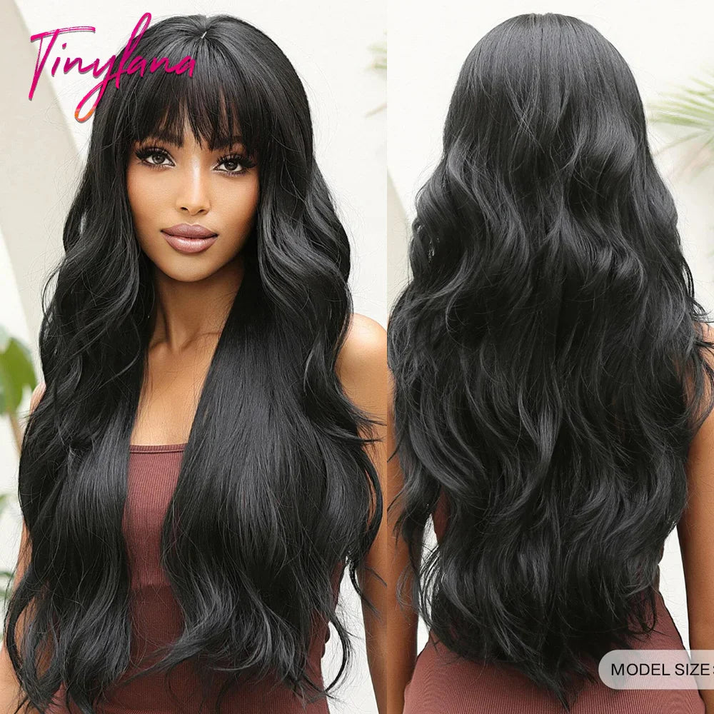 Super Long Black Wavy Synthetic Wigs with Bangs for Women Afro Dark Water Wave Halloween Cosplay Natural Hair Wig Heat Resistant