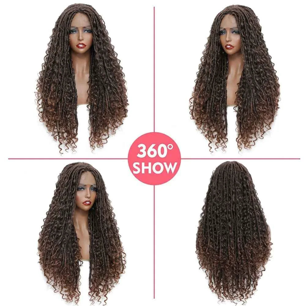 X-TRESS Goddess Faux Locs Wigs Long Braided Lace Front Synthetic Braids Wig Bohemian Curly Hair Crochet Braiding Hair for Women