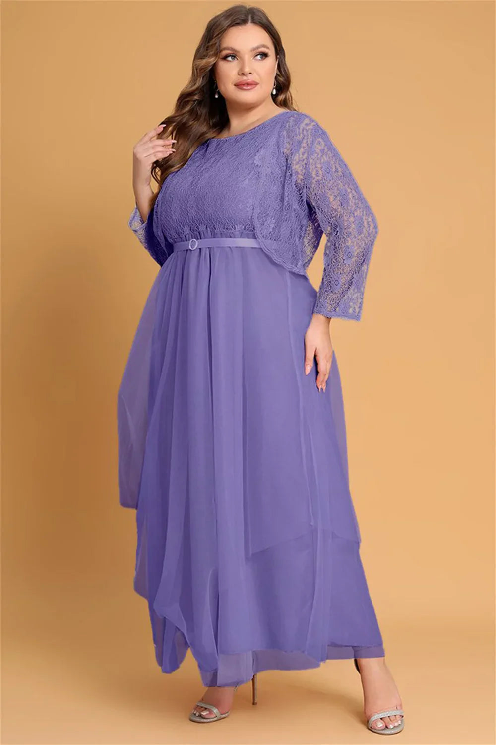 Women's Plus Size Mother of The Bride Cardigans and Mesh Layer Maxi Dress Autumn Elegant Party Evening Wedding Guest Dresses