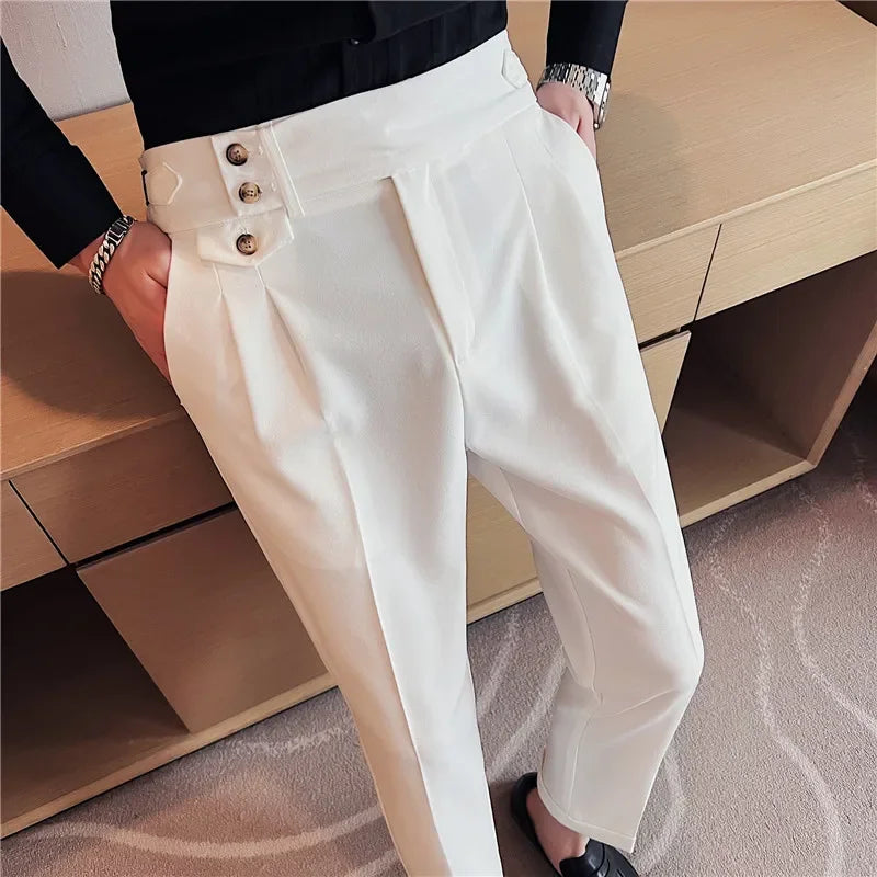 British Style Men High Waist Dress Pants 2023 Autumn Solid Color Casual Trousers Slim Fit Formal Suit Pants Fashion Men Clothing