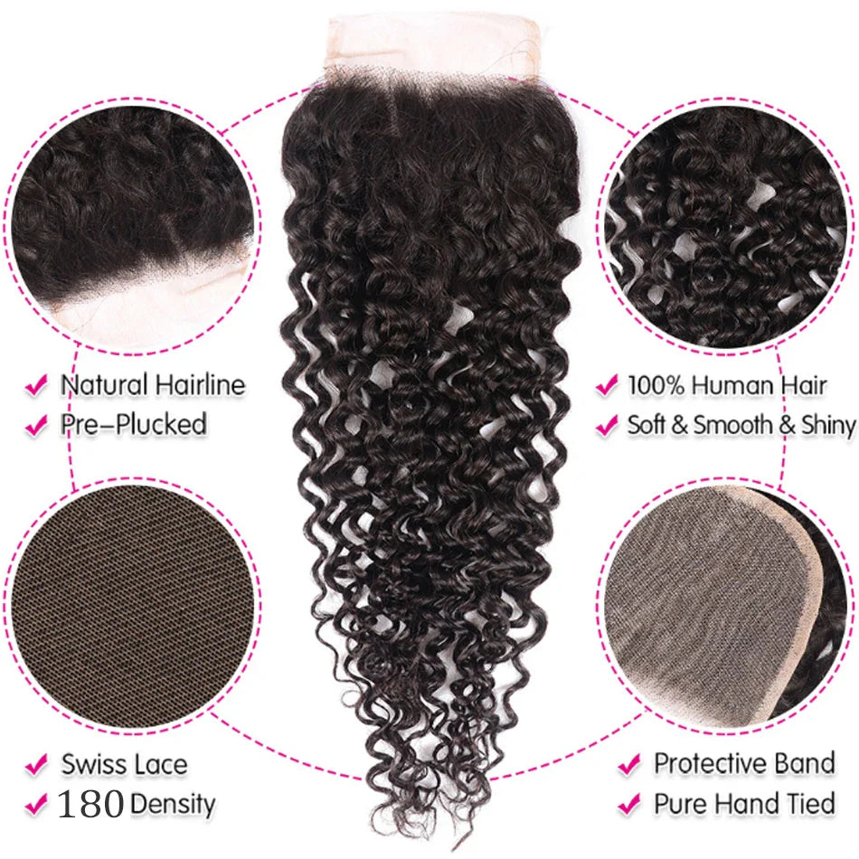 Brazilian Remy Kinky Curly Human Hair Bundles With Closure HD Lace Transparent 4x4 Lace Closure and Weave Bundle 12A Soft Hair