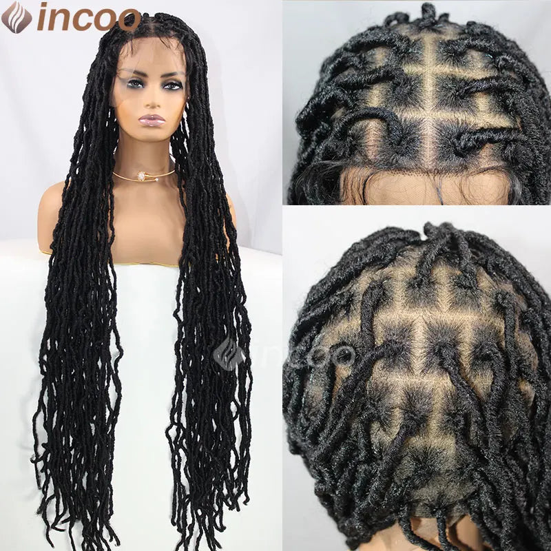 Synthetic Full Lace Cornrow Box Braids Wig 40 Inch Butterfly Faux Locs Crochet Goddess Braids Pre Looped Distressed Twist Hair