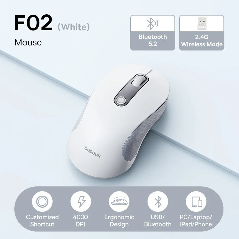 Baseus F02 Wireless Mouse Bluetooth 5.2 2.4G 4000DPI Ergonomic 6 Mute Buttons Mice for iPad MacBook Tablet Laptop Computer Mouse