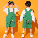 Kids Street Dance Clothes Children Showing Hip Hop Clothing White T Shirt Green Overall Shorts for Girls Boys Jazz Dance Costume