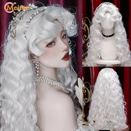 MEIFAN Long Lolita Ombre Harajuku Wig With Bang Red Blue Wave Curly Cosplay Wig Heat Resistant Synthetic Jellyfish Head Wigs