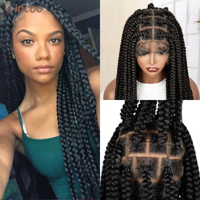 36" Full Lace Braided Wigs Synthetic Long Black Braided Wigs With Baby Hair 360 Lace Front Box Braids Wig Black Mix Burgundy Wig