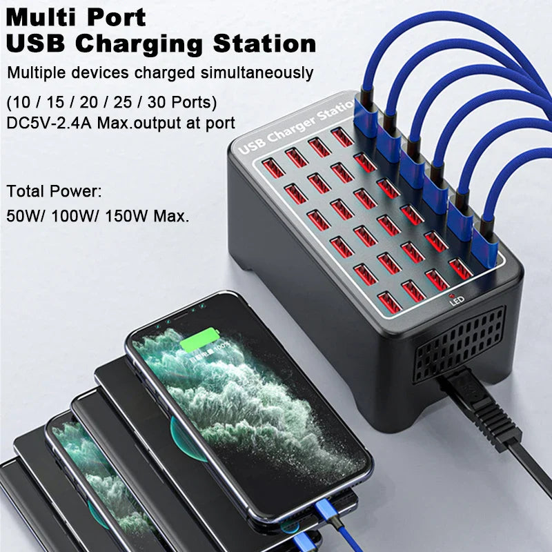 USB Charger 10 15 20 25 30 Ports HUB 150W Universal Desktop Fast Charging Station Multi Port Power Adapter for Mobile Phone