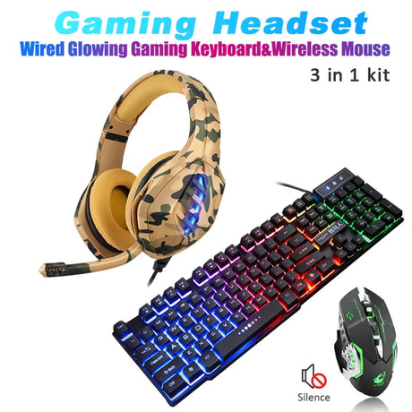 Gaming Wired Keyboard + Wireless Mouse+ Gaming Headset Deep Bass Wired Headphone with MIC for PS5/ PS4/ XBOX/ PC/ Laptop