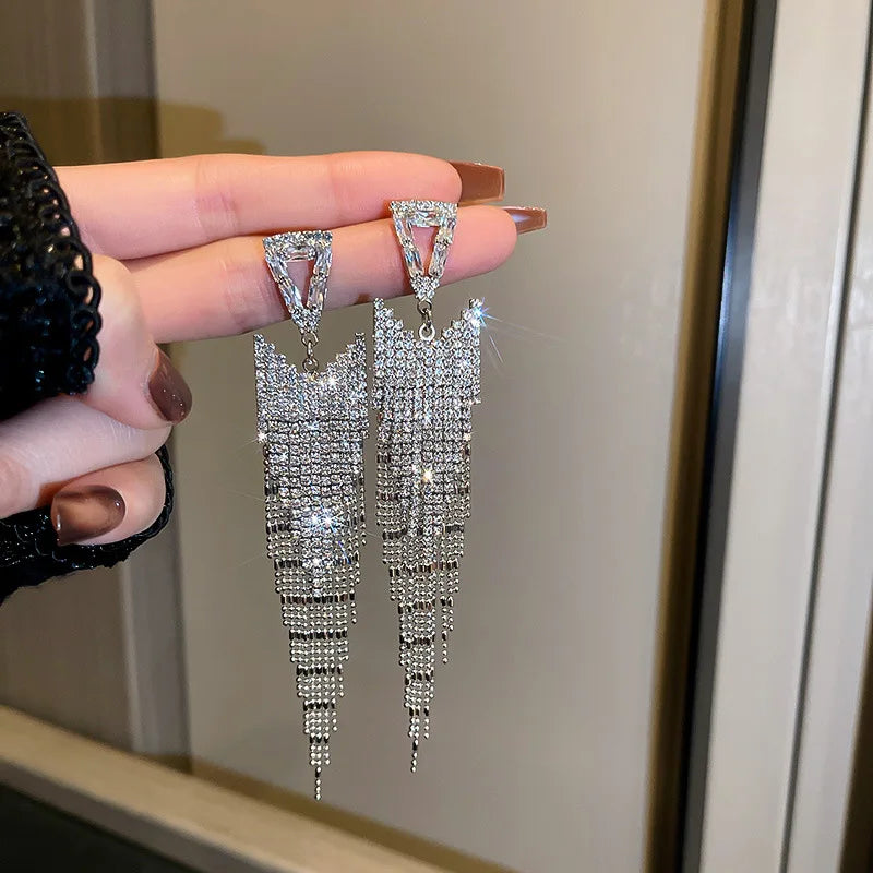 Fashion Statement Earring Long Full Rhinestone Big Earrings For Women Euorpe Evening Party Crystal Tassel Earings Wholesale