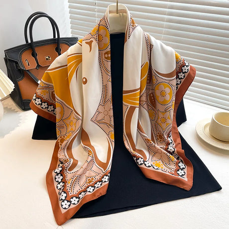 Luxury Women 90x90CM New Twill Silk Big Square Scarf Shawl Fashion Printed Design Summer High Quality Ladies Sunscreen Scarves