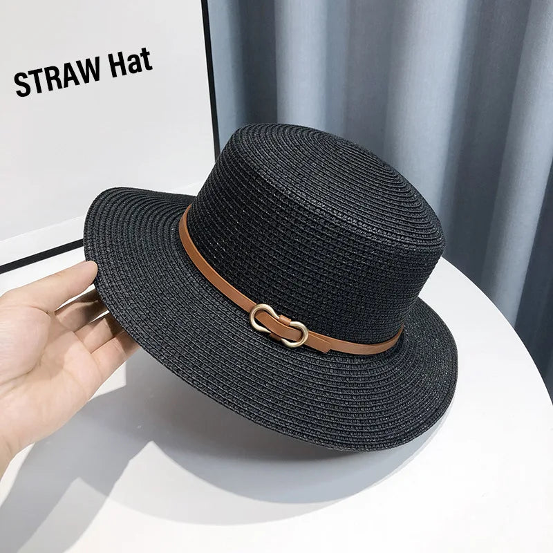 Spring and Summer Women's Sun Straw Hat Sun Protection Large brim Bamboo Hat Belt Buckle Fashion Fisherman Hat Cap G38