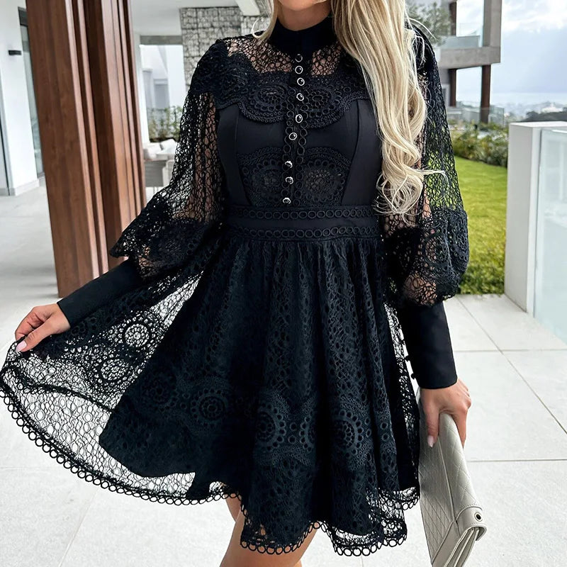 Spring Summer Women Solid O-Neck Mini Dress Loungewear Fashion Hollow Out Lantern Sleeve Ladies Party Dress Streetwear Vestidos