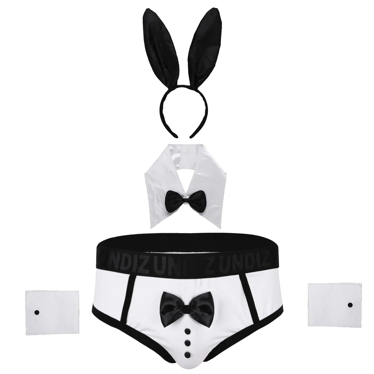 Mens Waiter Tuxedo Lingerie Sexy Cosplay Costume Role Play Uniform See Through Briefs Underwear with Bunny Ears Headband Collar