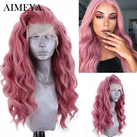 AIMEYA High Temperature Fiber Lace Wigs for Women Pink Hair Synthetic Lace Front Wig Long Hair Wavy Wigs Heat Resistant Cosplay