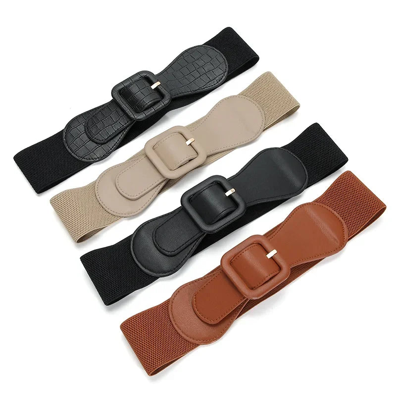 Women's Fashion Wide Belt Square Pin Buckle Imitation leather elastic  Waist Strap Costume matching decoration Dress Waistband