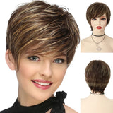 GNIMEGIL Synthetic Short Pixie Cut Wig Women Natural Hairstyle Bangs Wig Blonde Mix Brown Soft Straight Wig for Chemo Patient