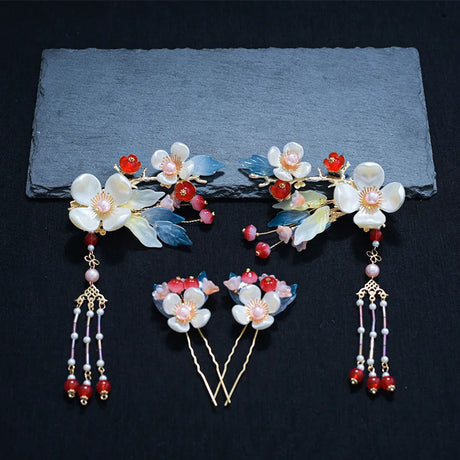 Chinese Hanfu Hair Accessories Set Long Fringed Vintage Hairpins Flower Handmade Hair Sticks For Women Traditional Retro Jewelry