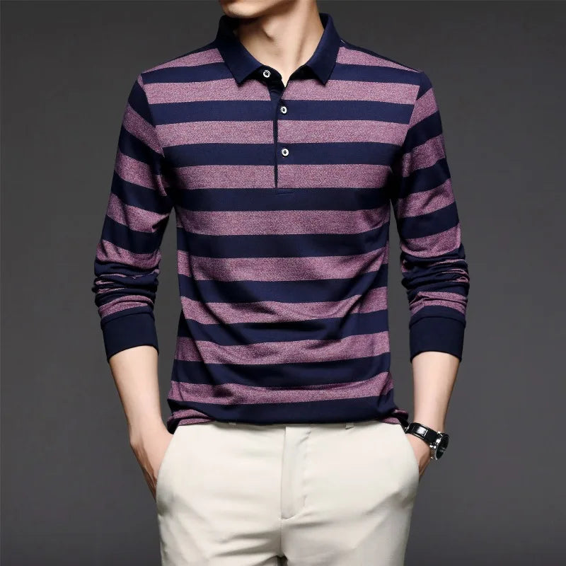 Spring and Autumn Men's Pullover Polo Adjustable Contrast Button Long Sleeve T-shirt Polo Bottom Fashion Casual Formal Tops