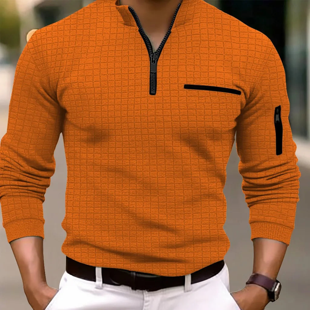 New spring and autumn men's checkerboard checkered POLO shirt zip-up collar sports polo shirt