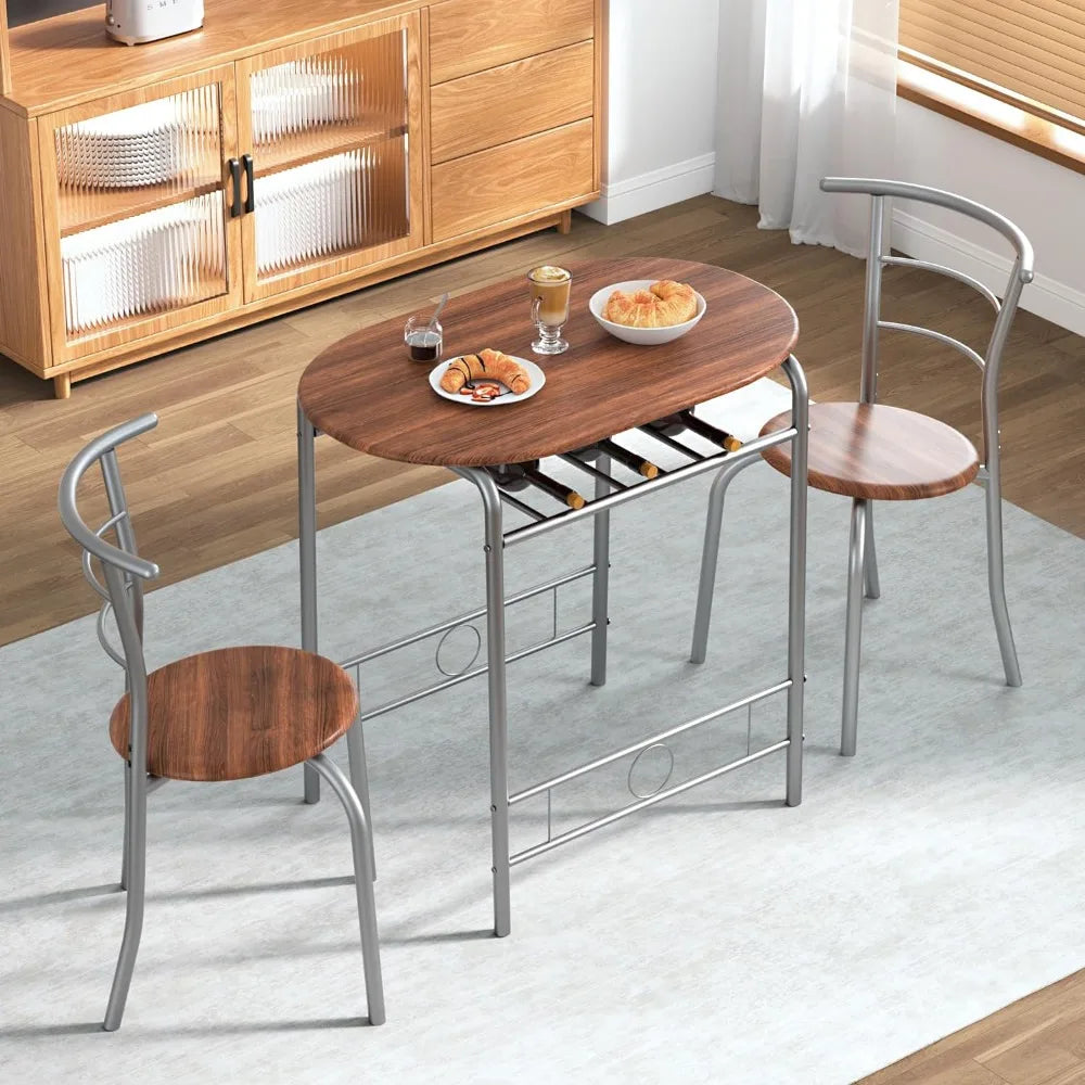 Wood Grain Tabletop with Wine Storage Rack,  3 Piece Small Round Dining Table Set for Kitchen Breakfast Nook,31.5 Brown & Sliver