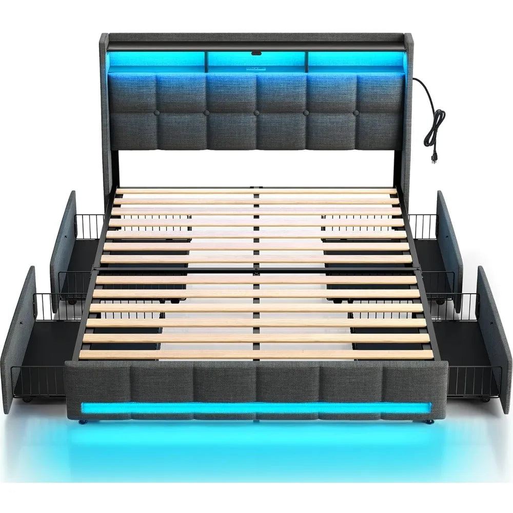 Full Size Bed Frame with LED Lights and Charging Station, Upholstered Bed Storage Headboard & Drawers, Heavy Duty Wood Slats