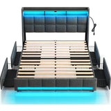 Full Size Bed Frame with LED Lights and Charging Station, Upholstered Bed Storage Headboard & Drawers, Heavy Duty Wood Slats