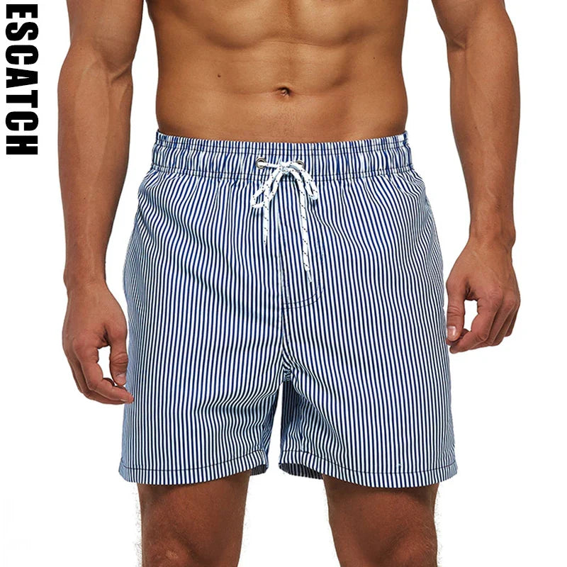 ESCATCH Fast Dry Men's Board Shorts Vertical Stripe Design New Arrival Summer Beach Surfing Man Swim Pants Plus Size