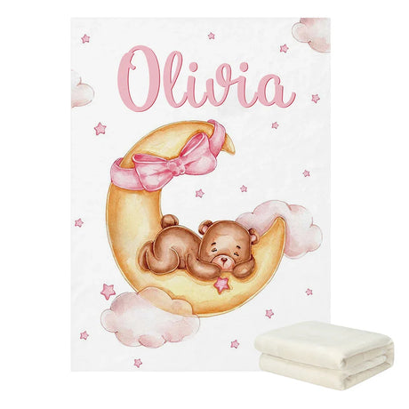 LVYZIHO Sleeping Bear Custom Name Crib Bedding Set, Moon And Stars Baby Shower, Personalized Crib Sheet Set for Girl