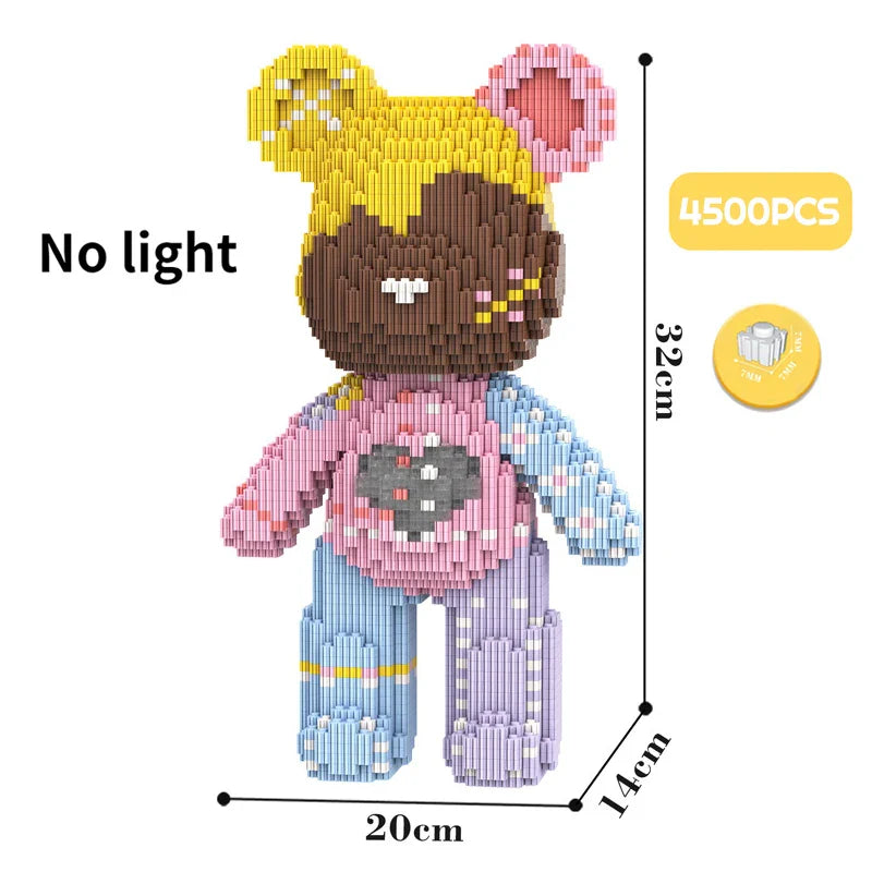 Cartoon Mini Love Violent Bear Bearbrick Colour Model with Light Building Block Micro Diamond Bricks Kids Toys Birthday Gift Set