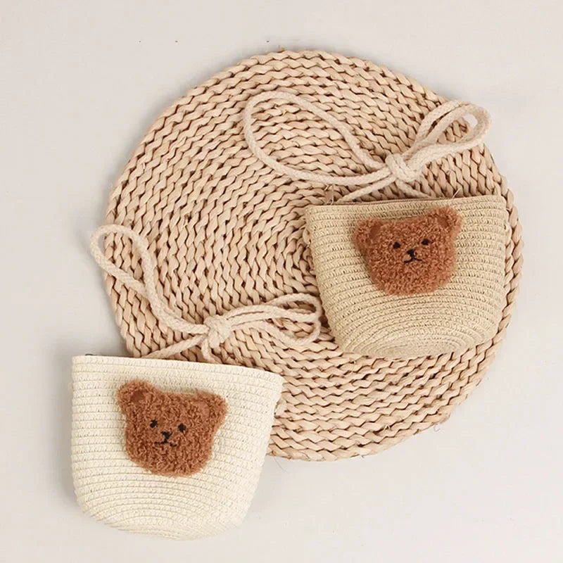 Cute Kids Shoulder Bag Summer Straw Woven Handmade Bags Mini Baby Girls Coin Purse Cartoon Bear Toddler Crossbody Bag