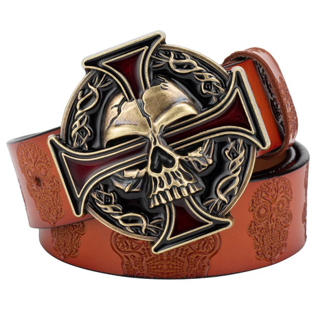 Skull Leather Belt Embossed Pattern Cowskin Fashion Buckle for Men