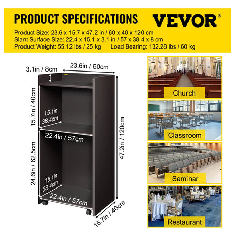 VEVOR Wood Podium 2 x 4 FT Lecterns w/ 4 Rolling Wheels Baffle Plate & Shelf Easy Assembly Walnut for Church Office School Home