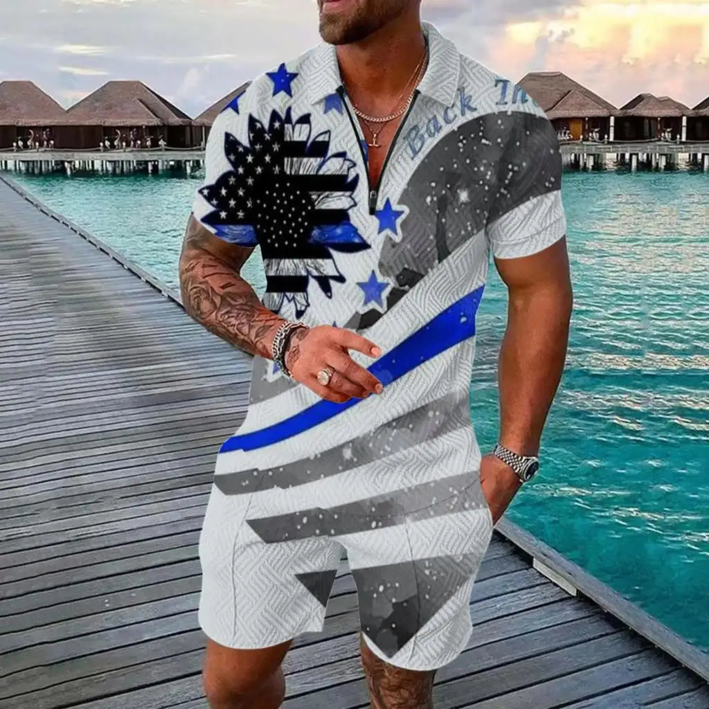 Hawaiian Polo Set Men Tracksuit Sets Summer 3D Beach Outfits Polo Shirt Shorts 2pcs Sets Zipper Coconut Tree Casual man Clothing