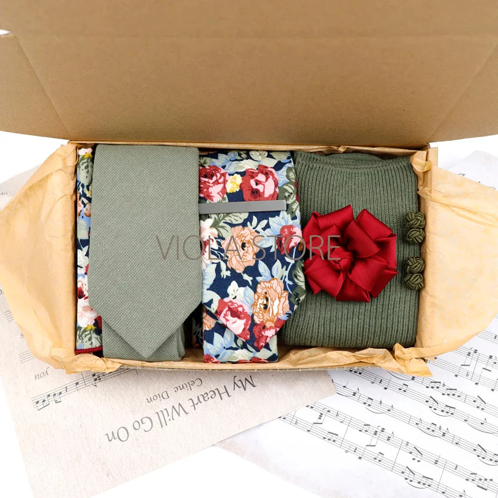 Viola Design 7 PCS Gift Box Cotton Sock Tie Sets Clip Pin Cufflinks Hanky Solid Floral Men Wedding Party Daily Cravat Accessory