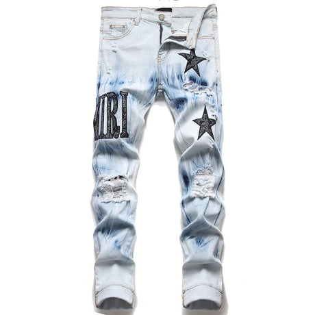 usa style Man's Jeans Five-pointed Star Torn Patches Trendy Elastic Slim Leggings Versatile Pants Denim Hole Letter top quality