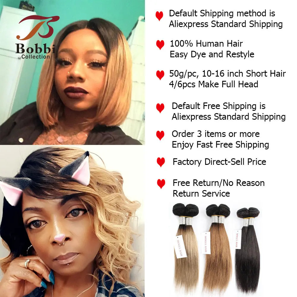 50g/pc 4 Bundles with Closure Transparent 4x1 T Lace Middle Part Ombre Ginger Blonde Straight Remy Human Hair Short Bob Style