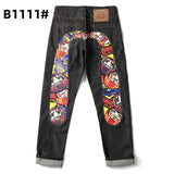 Printed trendy brand personality jeans for men and women casual slim straight tube national trend washed loose all-match pants