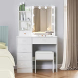 Logimiz Modern Vanity Desk with Mirror and Lights, White Vanity Desk with Stool and 6 Storage Drawers, Bedroom Makeup Vanity