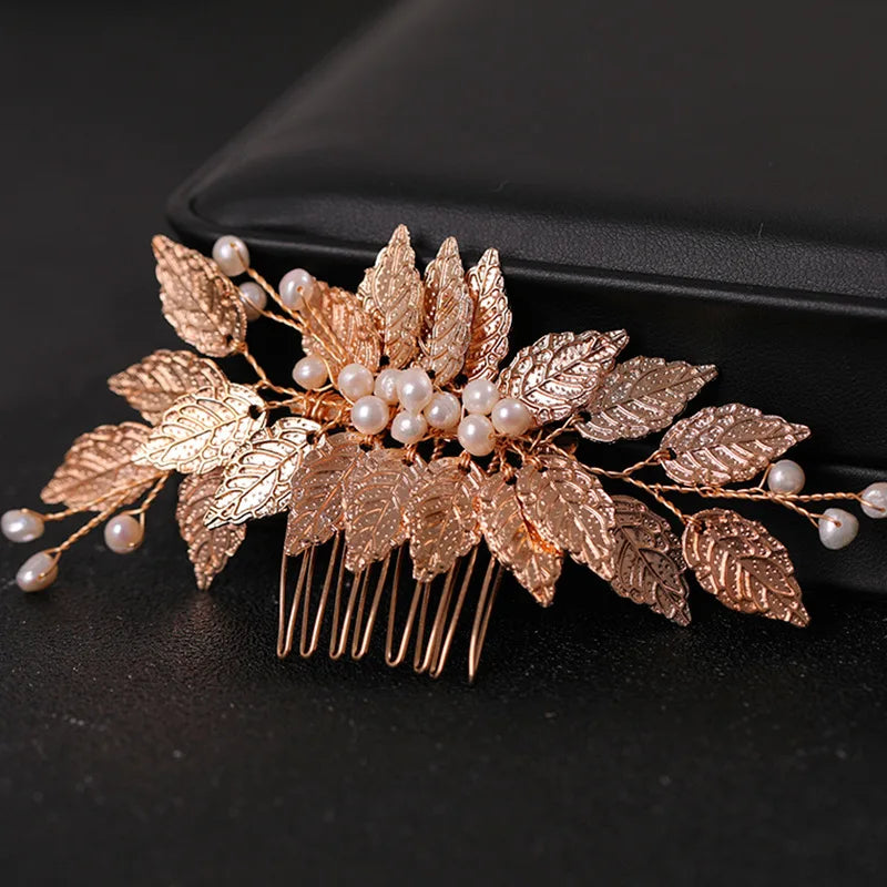 Gold Color Pearl Leaf Hair Comb Clip Hairpin For Women Bridal Wedding Hair Accessories Jewelry Comb Clip Pin Headband Gift