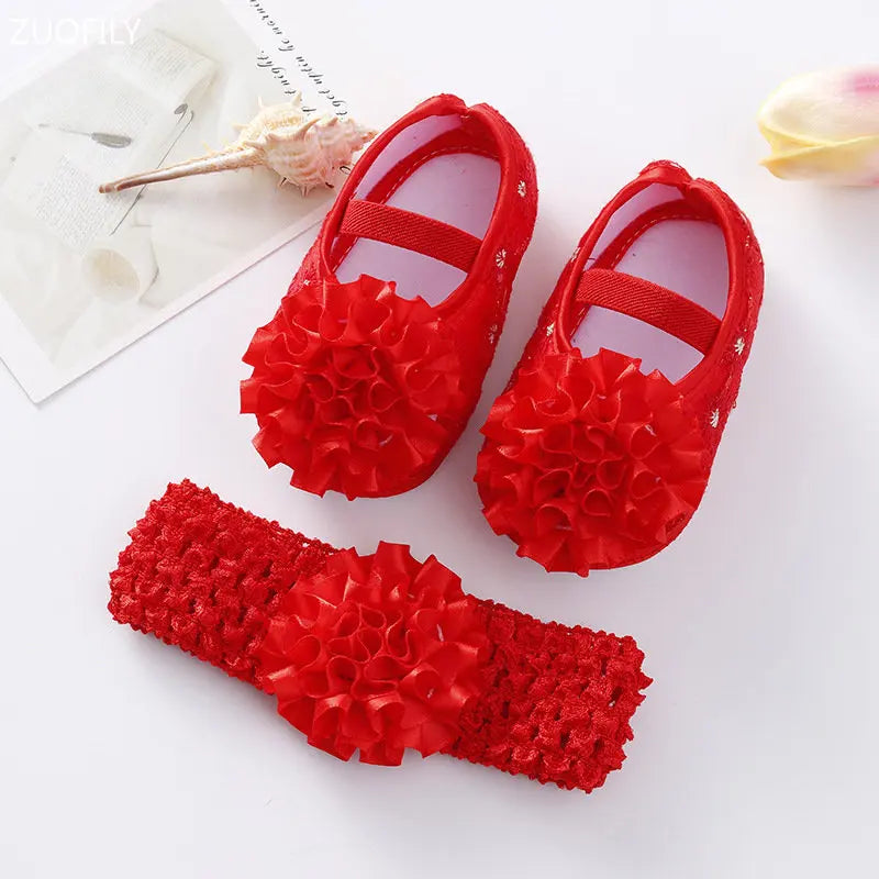 0~18M Cute Bowknot Newborn Baby Shoes Headband Set Anti Slip Toddler Infant First Walker Baby Girls Newborn Soft Sole Pink Shoes