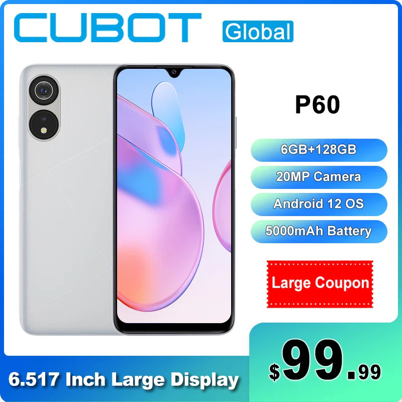 Cubot P60 Smartphone 6.517" Display Android 12 MT6765 Octa-Core 5000mAh Battery Cellphones 20MP Camera Dual SIM Mobile Phone