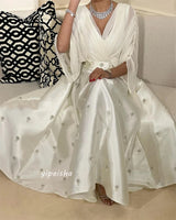 Prom Dress Saudi Arabia Satin Draped Applique Pleat Evening A-line V-Neck Bespoke Occasion Gown Long Sleeve Dresses