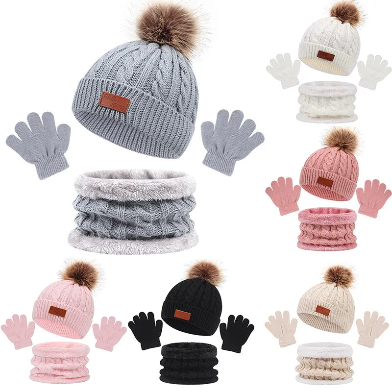 Baby Warm Winter Hats Scarf Gloves 3pcs Set Kids Toddler Bonnet Cute Pompom Knitted Hats Outdoor Warm Infant Accessories 1-5Y