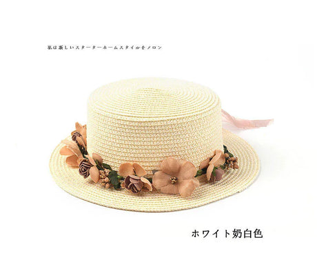 Simple Parent-child Summer New Women's Sun Hat Bucket cap beige lace Bowknot Flowers Ribbon Flat top Straw Hat Beach Caps Panama