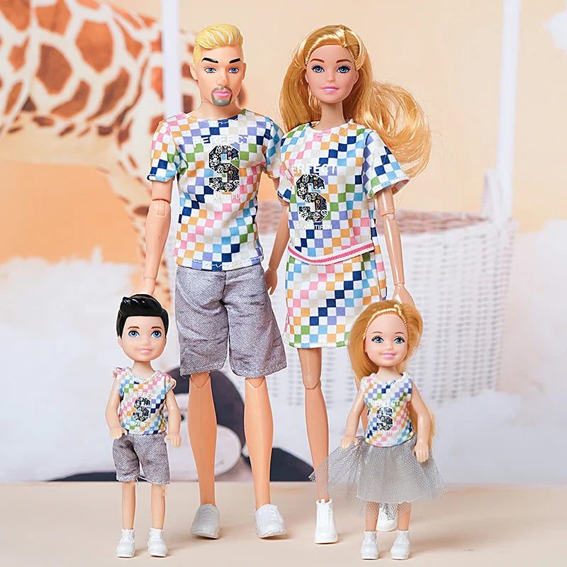 30cm Family Doll Movable Body Mom Dad Ken and Kids 4 Dolls Set 1/6 Barbies Doll Toy for Child Kids Education Birthday Gift