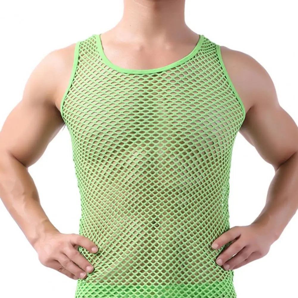 Fishnet Men Sexy Mesh Tank Tops Transparent Sleep Tops Male Underwear Pure Color Vest Sleeveless Tops Underwear Male Undershirt