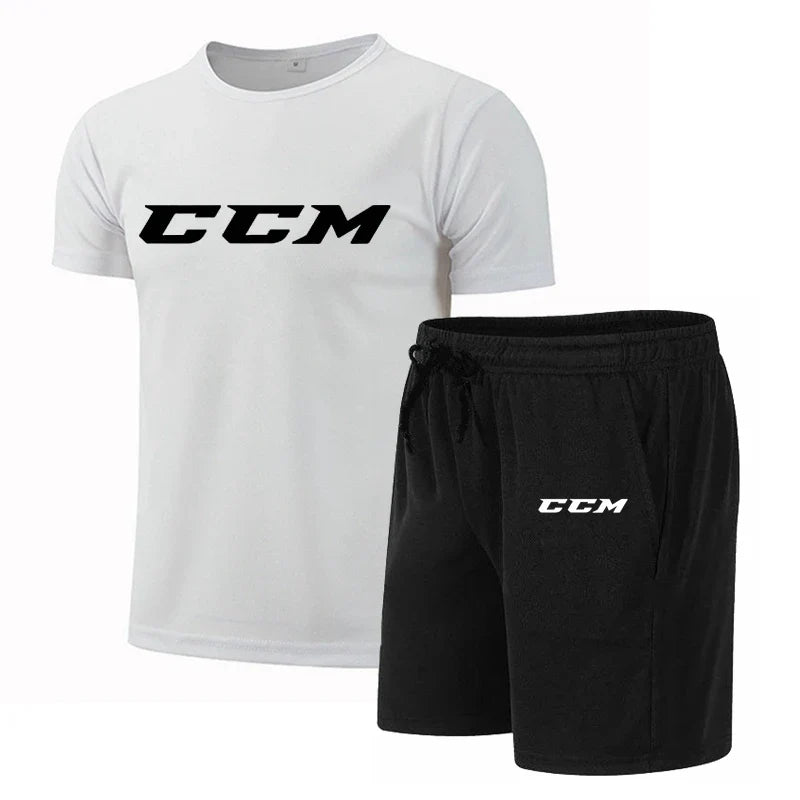 Summer Men's Fitness Fashion Men's Casual Sportswear Suit Quick Drying Sports Suit CCM Short Sleeve T-Shirt + Shorts 2 Piece Set